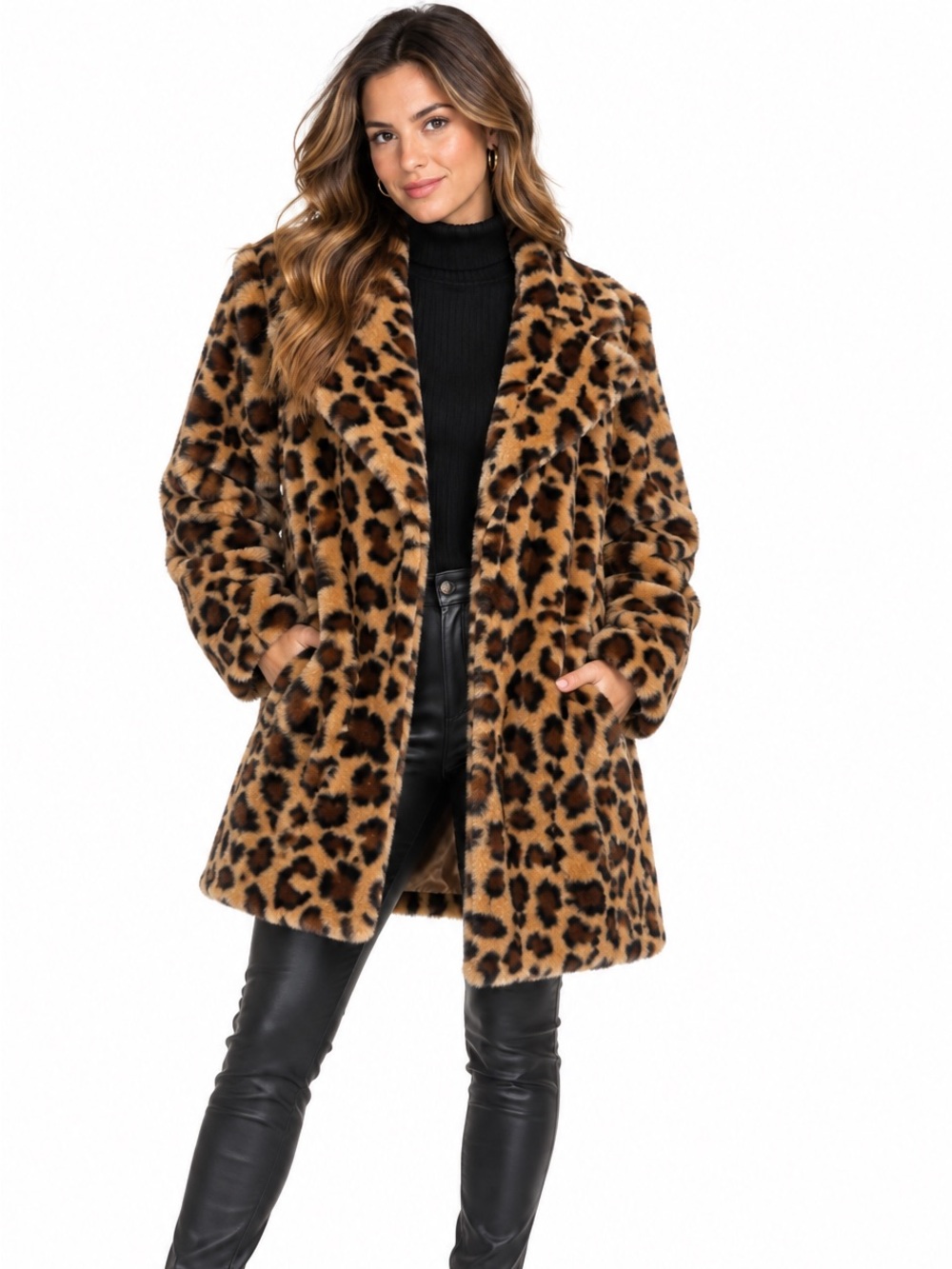 Cotton Bleu Size Small Womens Leopard Print Faux Fur Coat - Brown